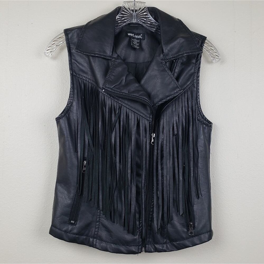 Wet Seal | Fringe Black Faux Leather Vest